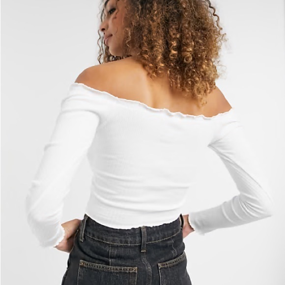 ASOS White Ruffle Ribbed Off the Shoulder Top - Picture 2 of 6